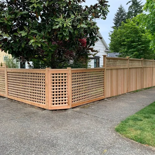 Custom corner cedar lattice fence installation in Seattle